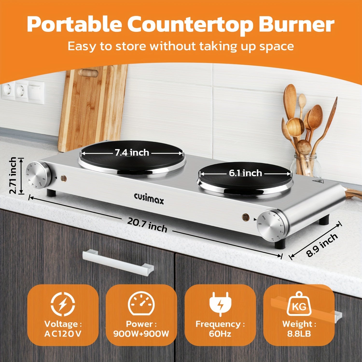 CUSIMAX Electric Hot Plate, Portable Double Burner Electric Stove, 1800W Cast Iron Double Cooktop, Compatible with All Types of Cookware, Stainless Steel