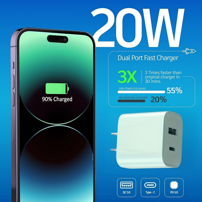 for iPhone 14 13 Foldable Dual Port Fast Charger, 2pcs 20W Charger Block with 4pcs 6ft Lightning Cable for iPhone 14 13 12 11 Pro Max/iPad/EarPodsf