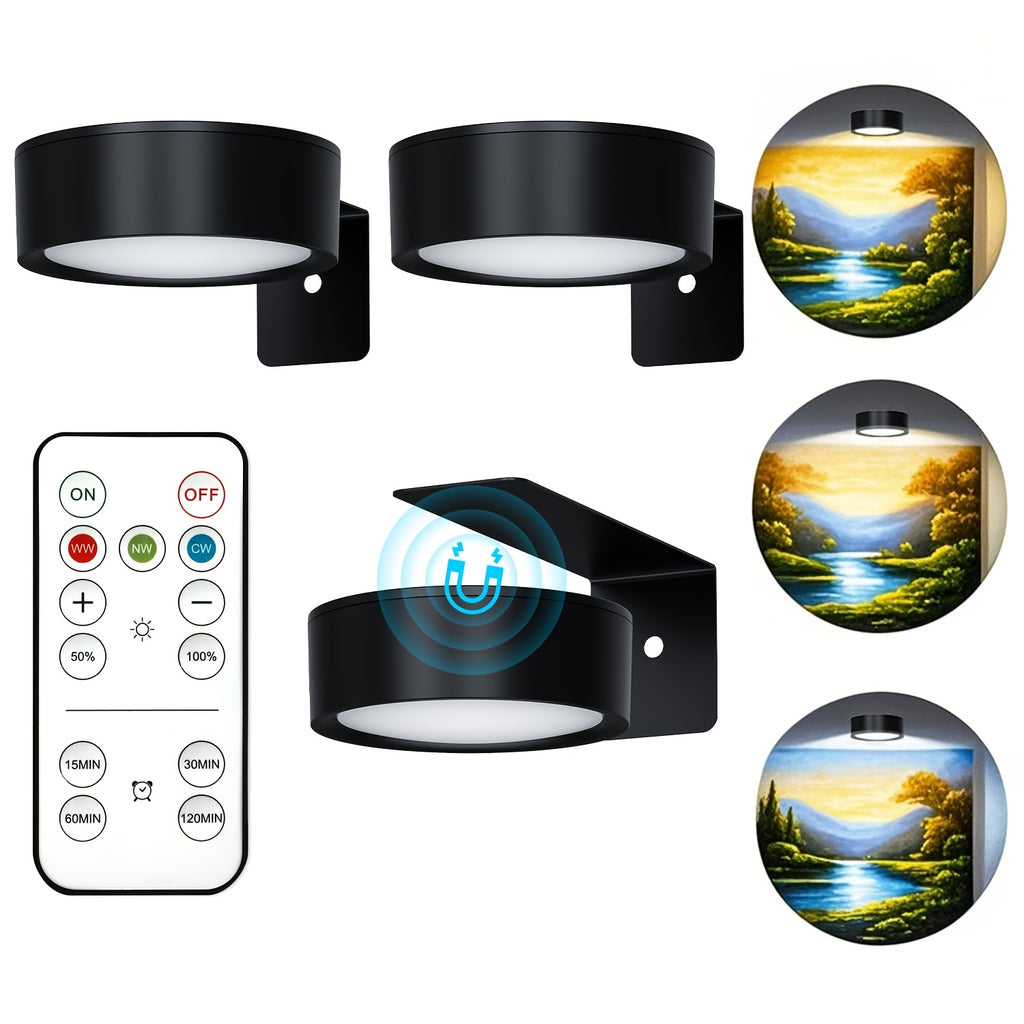 3Pcs Gold Magnetic LED Picture Light, Battery Powered Wireless Wall Lamp, Remote Control Dimmable Timing, 3 Lighting Modes, Art Spotlight for Photo Frame Gallery Decoration