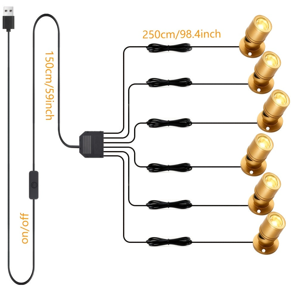 LED mini spotlight display light, USB-powered mini spotlight, equipped with 2/4/6 heads, 3000K warm white spot lighting, suitable for jewelry cases and model display stands, black USB cable with optional black/gold/silver lamp heads