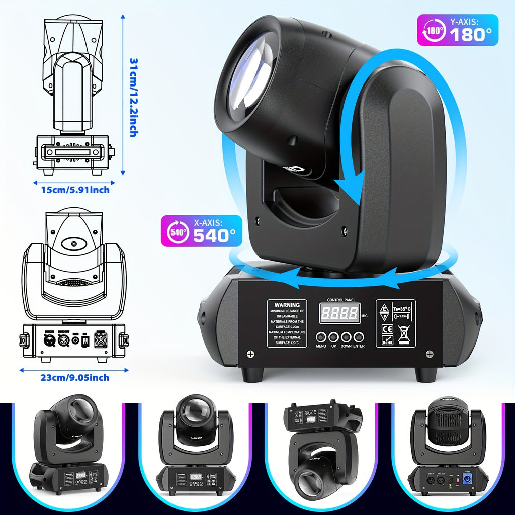 100W moving head DJ light with rotating gobo (8-facet prism), 7 colors plus on/off white light LED beam spotlight, controlled by sound and DMX, suitable for stage lighting, weddings, churches, live performances
