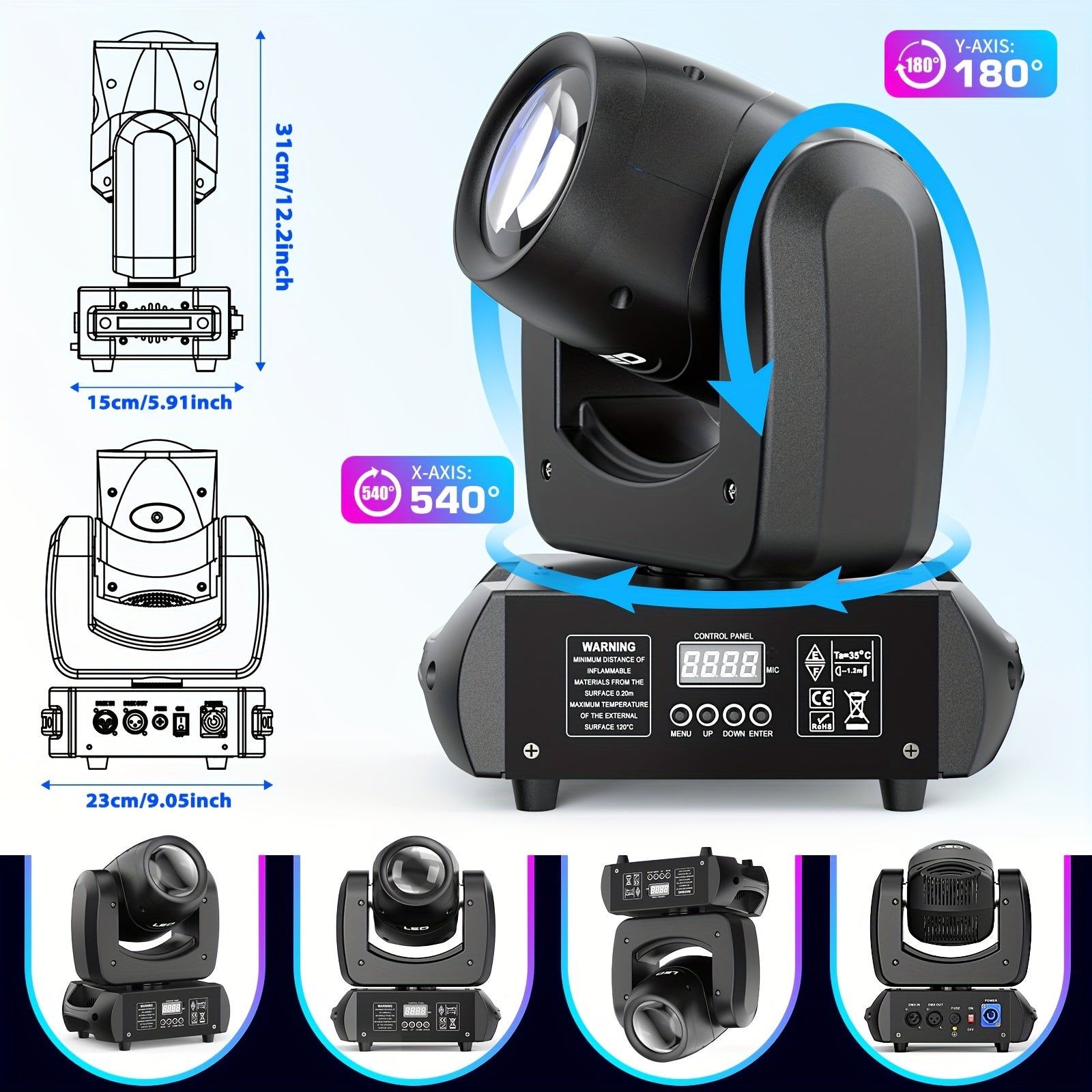 100W moving head DJ light with rotating gobo (8-facet prism), 7 colors plus on/off white light LED beam spotlight, controlled by sound and DMX, suitable for stage lighting, weddings, churches, live performances