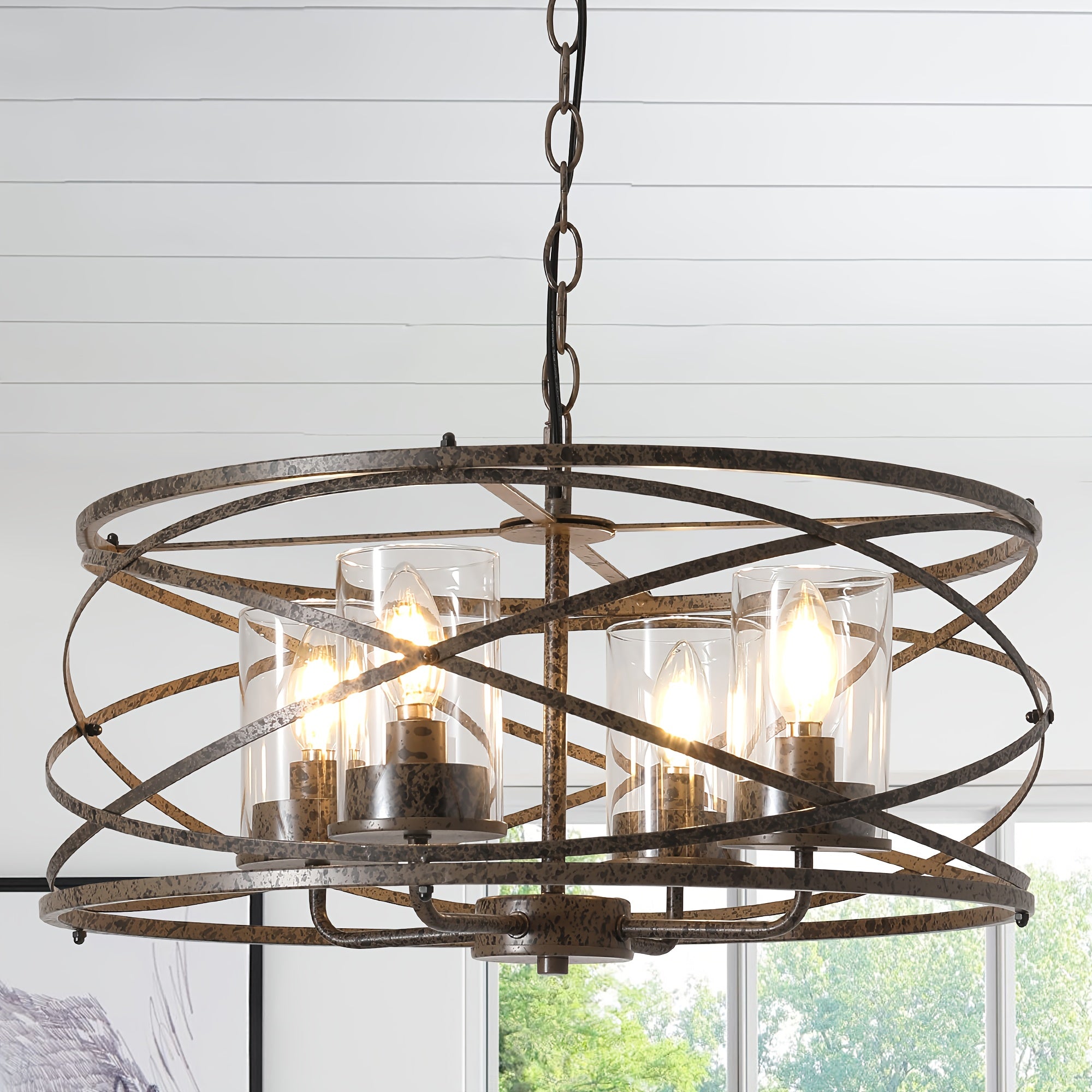 Ganeed 4-Light Farmhouse Pendant Light, Natural Wood Grain Vintage Rustic Chandelier Black Metal Industrial Glass Shade Hanging Fixture, Suitable for Entryway, Bedroom, Dining Room, Entryway Lighting, Bedroom Lighting