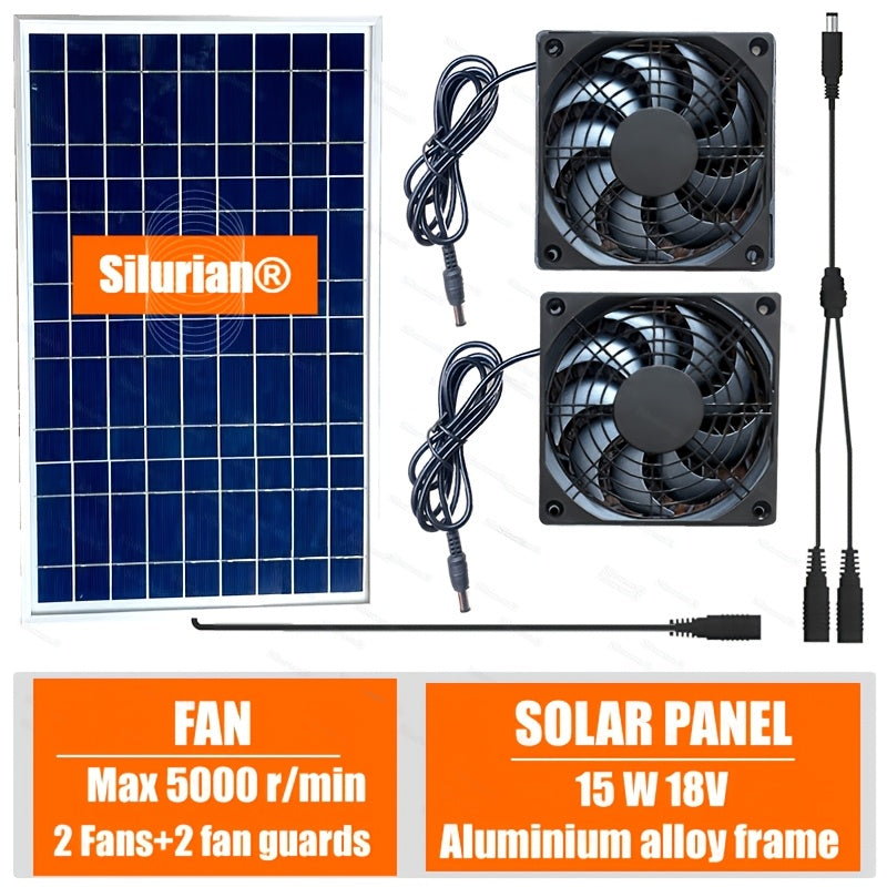 15W Solar Fan Kit in 2 Specifications: 15W Solar Panel + 1 Fan + 1 Fan Grill, and 15W Solar Panel + 2 Fans + 2 Fan Grills, Suitable for Courtyard, Flower Shed, Chicken Coop, Pet House and More