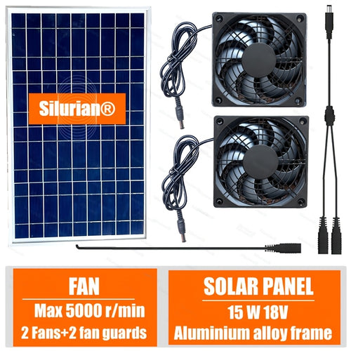 15W Solar Fan Kit in 2 Specifications: 15W Solar Panel + 1 Fan + 1 Fan Grill, and 15W Solar Panel + 2 Fans + 2 Fan Grills, Suitable for Courtyard, Flower Shed, Chicken Coop, Pet House and More