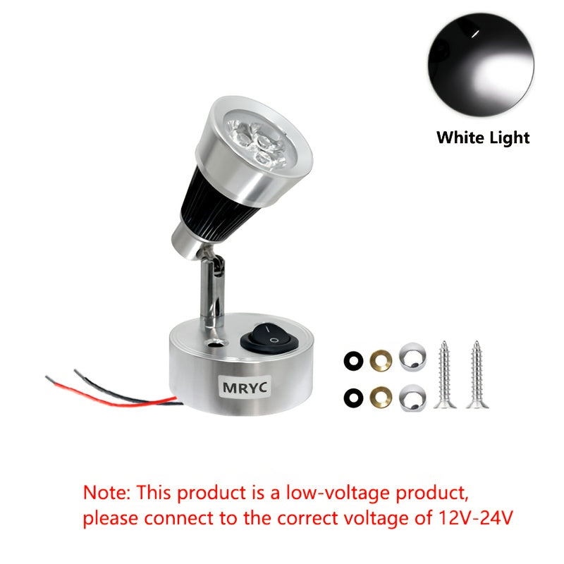 1pc RV indoor lighting light rotatable LED reading light spotlight, with push button switch, 3W bedside reading lamp, suitable for camper van, trailer, station wagon, marine yacht indoor lighting, DC12-24V