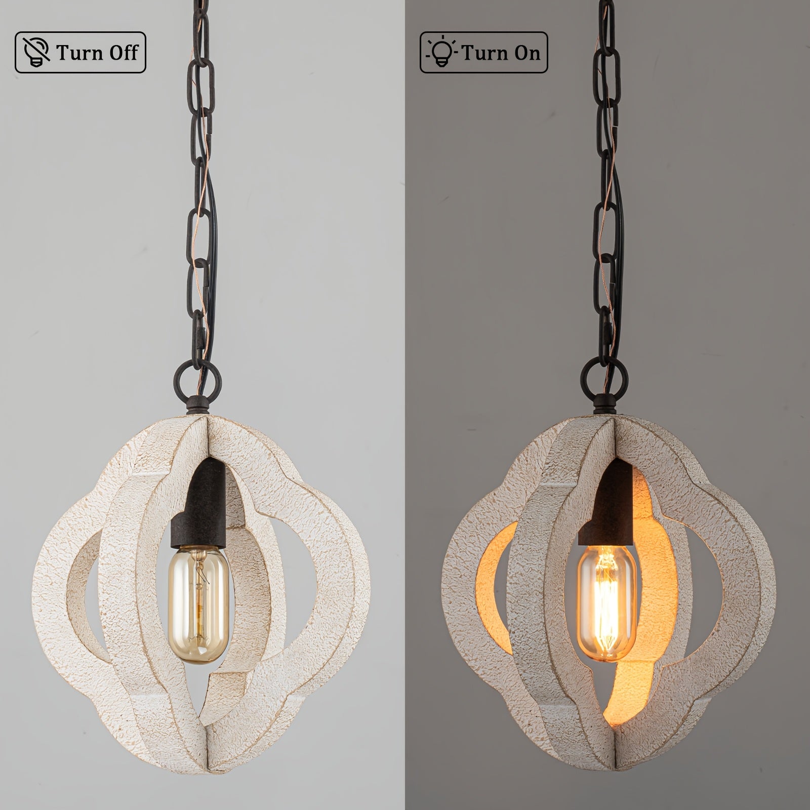9.84-Inch Modern Farmhouse Style Wood Pendant Light, Distressed White Oak Finish with Adjustable Chain – Semi-Flush Mount Ceiling Hanging Fixture, Suitable for Kitchen Island, Dining Room, Entryway, Foyer