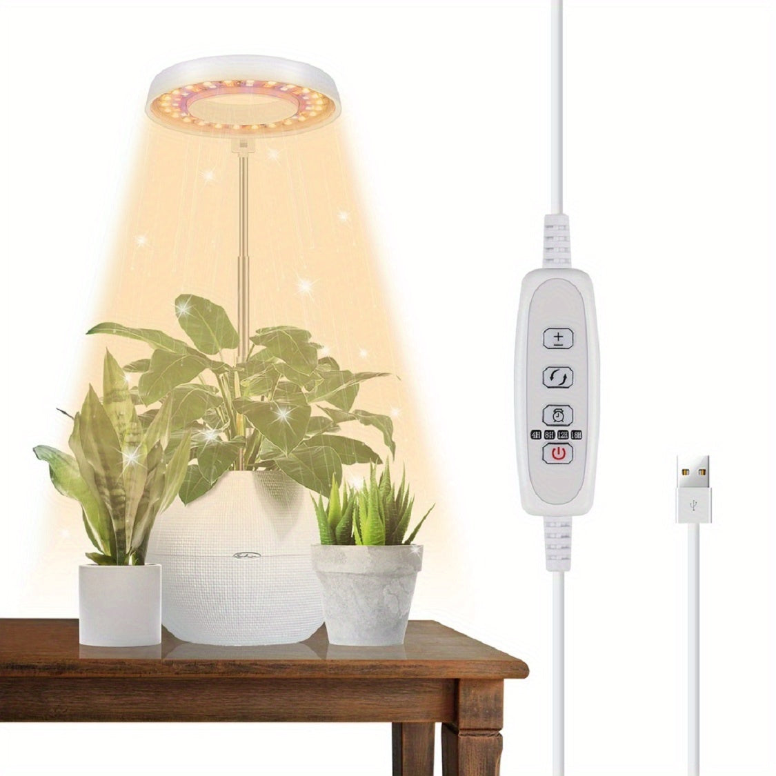 Full Spectrum 48-LED Energy-Saving Plant Grow Light, 5 Adjustable Brightness Levels, 4/8/12/18H Auto Timer, Retractable Pole (Approx. 7 to 17.6 Inches), Freely Height Adjustable & Easy Storag