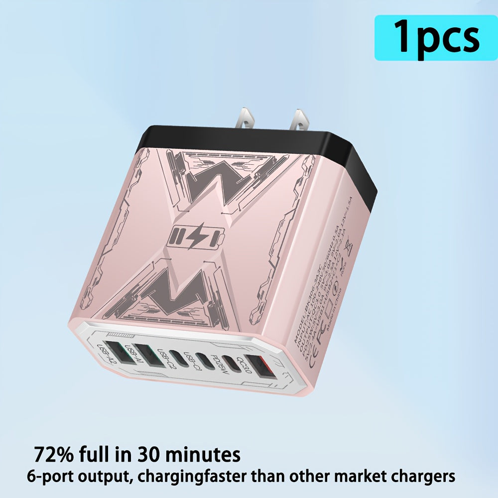 6-in-1 Fast Charger 3USB + 3Type-C Power Adapter with Indicator Light, QC3.0 Power Adapter Cube USB Wall Charger, for iPhone 17/ 16/ 15/ 13/ 13pro/ 12/ 12pro/ XR/ SE, Pro/ Mini/ Air---Perfect Christmas, Holiday, New Year Gift,  Travel Charger