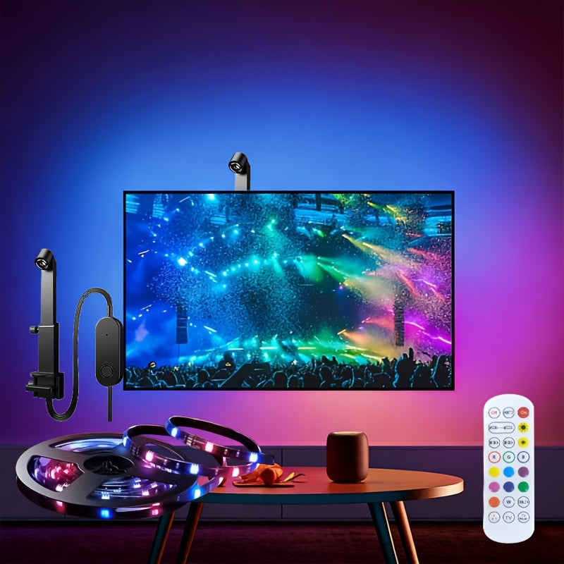 150inch USB智能LED灯带，带摄像头，适用于屏幕电视，电脑、大屏智能氛围灯带，舞台智能灯带，拾取屏幕色彩，LED条形灯与屏幕和音乐同步，遥控+线控