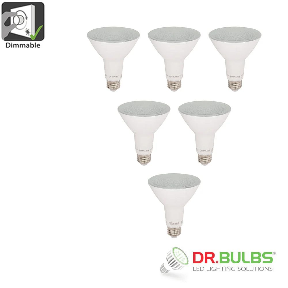 6-pack PAR30 long neck 11W (75W equivalent) 3000K soft white dimmable LED bulb, waterproof