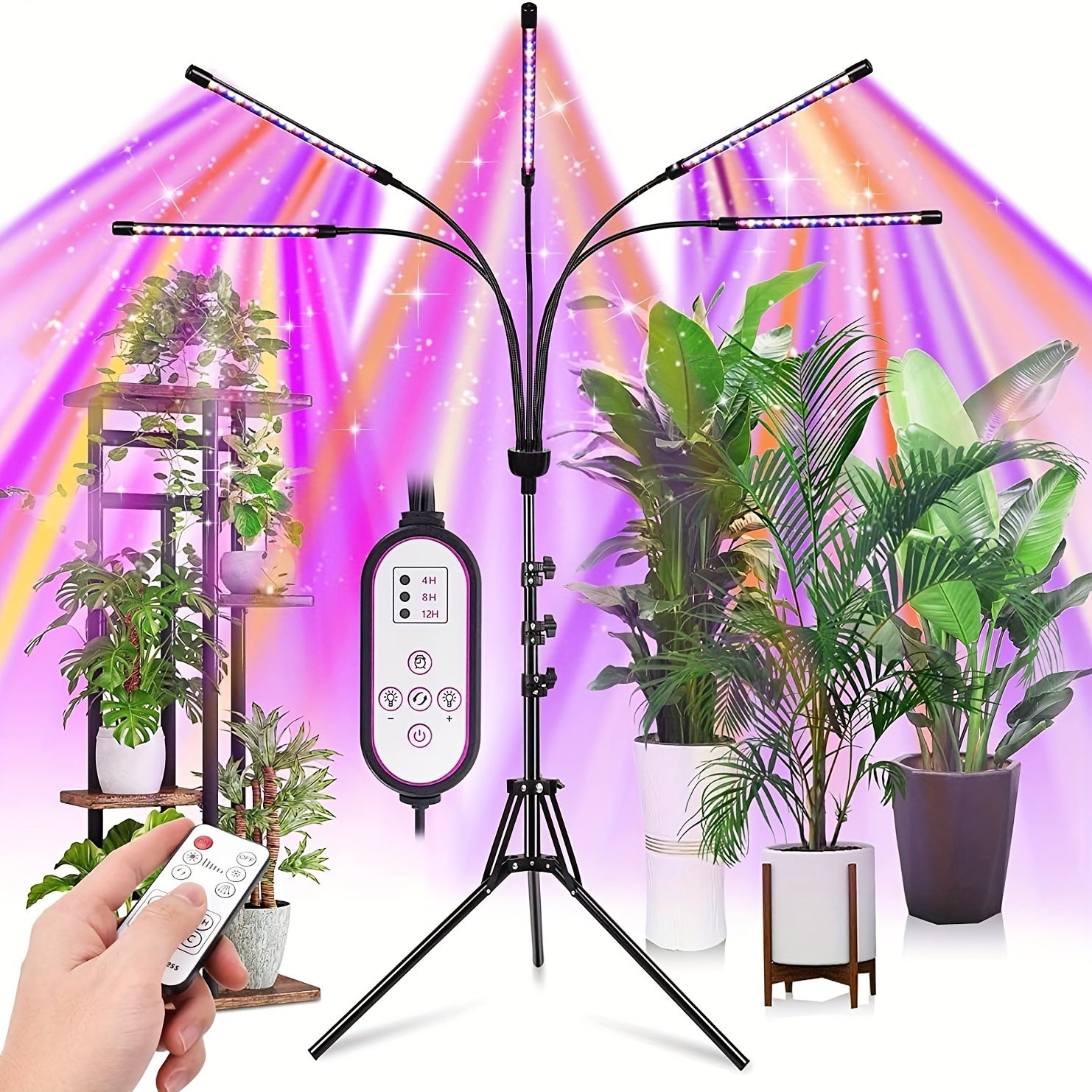 Indoor Plant Grow Light 5-Head Red Blue White Full Spectrum Grow Lamp, 29-61 Inch Adjustable Tripod Stand, Indoor Grow Light with Remote Control & Auto On/Off Timer, Wireless Remote Wired Light