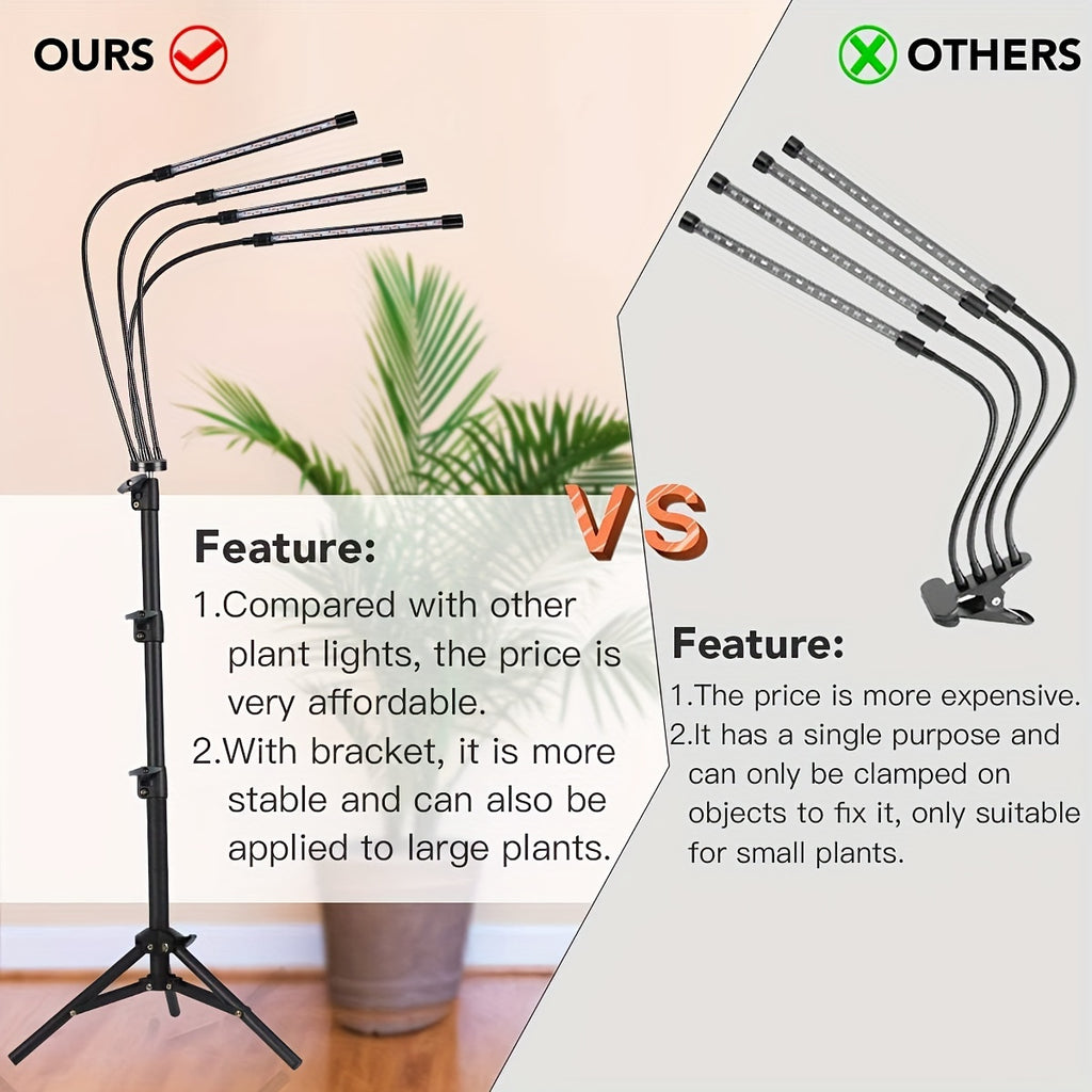 5/4 Heads Grow Light with Stand, White & Warm White Spectrum Indoor Plant Lamp, 10 Dimmable Brightness Levels, 3/9/12H Timer, 3 Switch Modes, Adjustable Gooseneck for All Plant Growth
