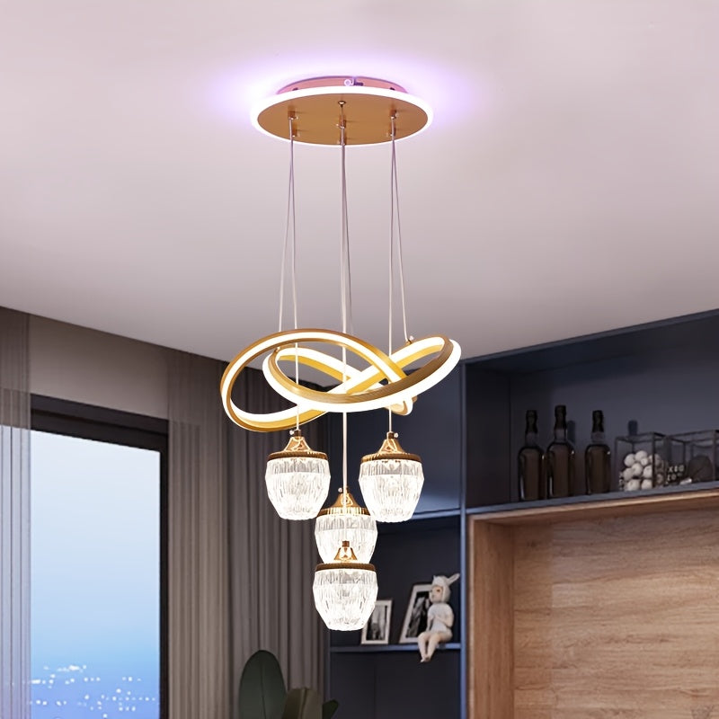 LED indoor pendant light 4 pineapple-shaped balls 3-color temperature adjustable color temperature lighting fixture, suitable for kitchen, dining room