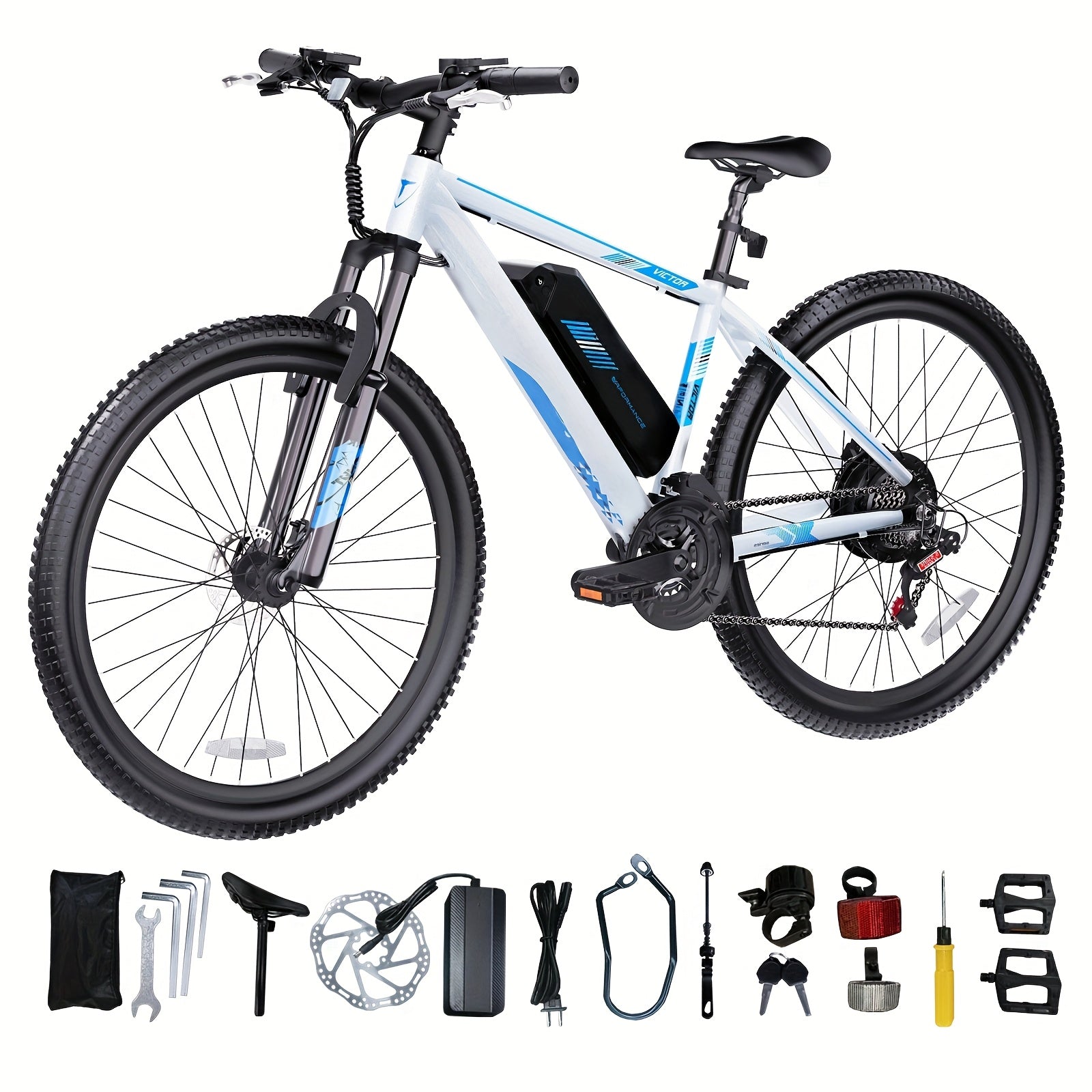 26'' 电动山地自行车，成人电动自行车，电动自行车，350W 电机，10.4Ah 电池。