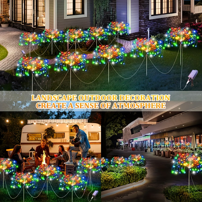 8包装480LED户外太阳能花园灯，升级版户外太阳能智能烟花灯，8种照明模式，适合花园庭院户外装饰，万圣节圣诞节户外装饰，配备智能传感器——光感传感器