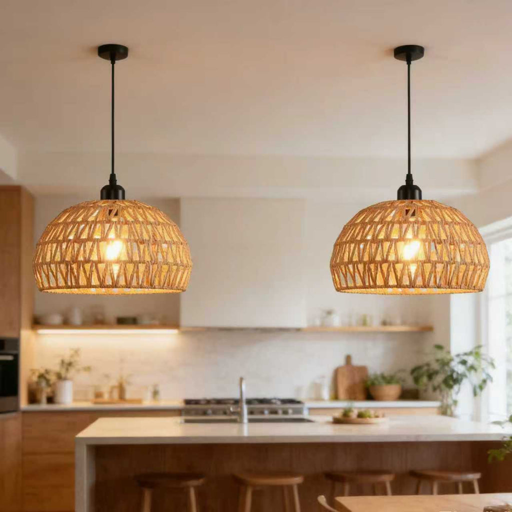 2-Pack, Bohemian Style Pendant Light Kitchen Pendant Light Rattan Pendant Light Ceiling Light Bohemian Style Lampshade Wood Base Bohemian Chandelier (Lighting Fixture Suitable for Hallway, Bedroom, Dining Room and Kitchen Island)