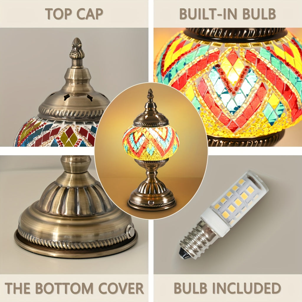 Turkish Moroccan style lamp, bronze base, colorful handmade mosaic glass, bohemian night light, bedroom decoration, holiday gift (LED bulb included)