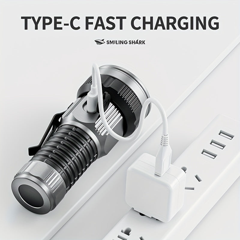 M60+2XPE Flashlight SMILING SHARK Ultra Bright 5 Modes Magnetic Strong Light Stepless Dimming Type-C Charging Metal Clip Pocket Size for Outdoor Camping Hiking Adventure