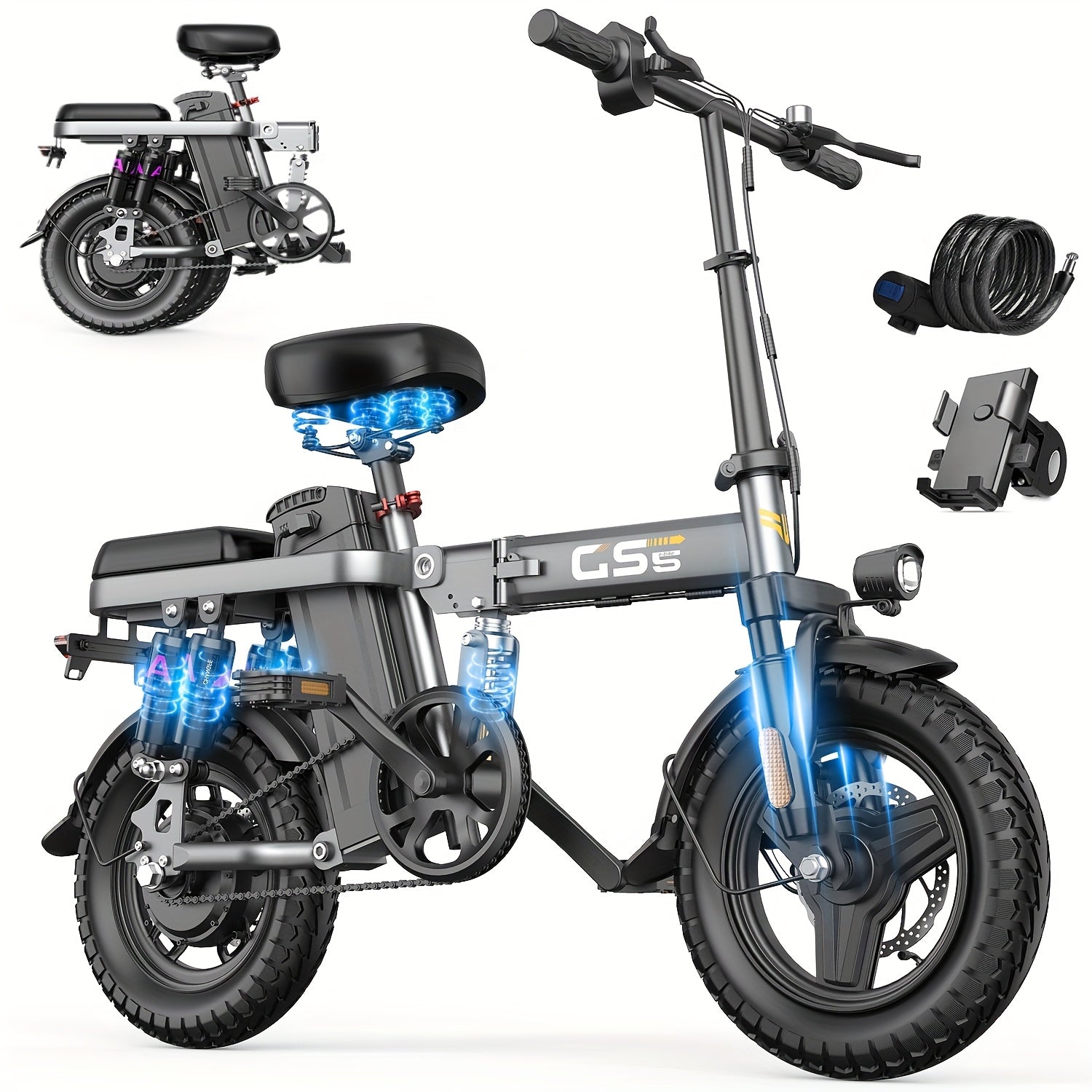 UPlee 740W 成人电动自行车，20MPH 全悬挂舒适骑行，48V15Ah，最大续航 32 英里可折叠电动自行车，14 英寸无内胎越野轮胎,城市通勤