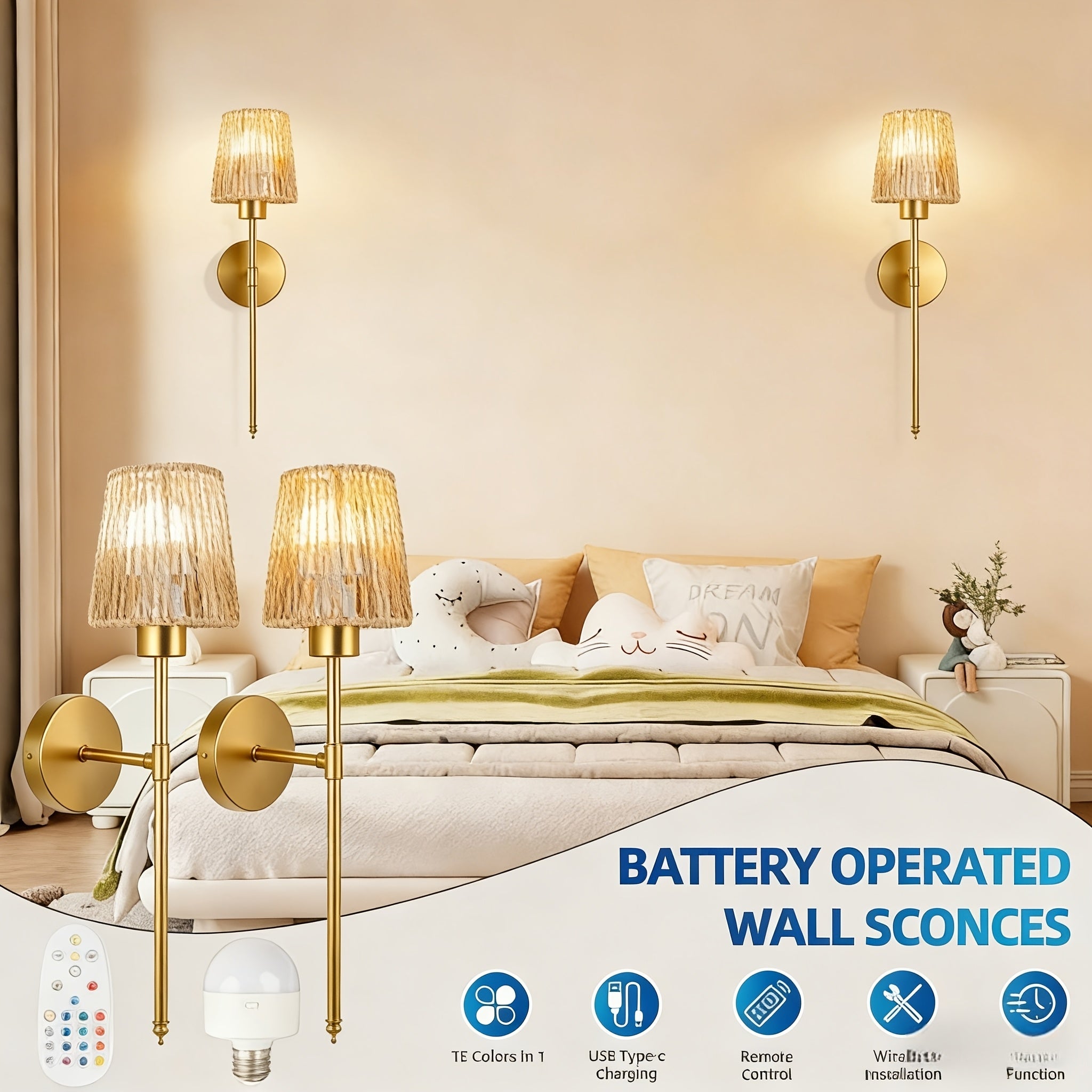 Pair of Battery Operated Wall Lights with Remote Control, Rechargeable Rattan Design, Includes Bulbs and Charging Cable, Wireless Woven Bamboo Lantern, Perfect for Bohemian Style Lighting in Bedroom, Living Room and Hallway