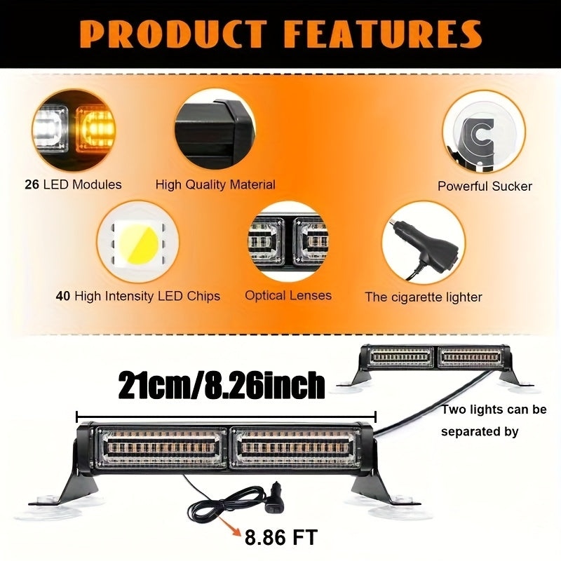 40 LED Amber Traffic Warning Light, Suction Cup Mount, Fit Front & Rear Windshield, For Trucks, Engineering Vehicles & Tow Trucks