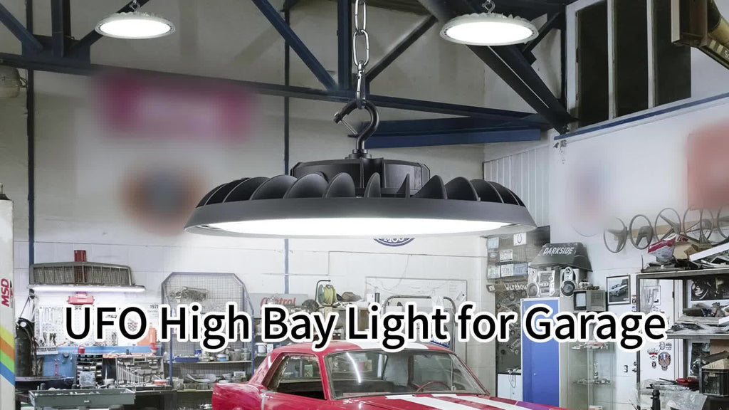 UFO LED high bay light 100W 5000K | 15000 LM garage light, with US-style hook, AC100-277V, ETL certified, IP65 waterproof, semi-flush mount installation, aluminum lampshade, MENCOLULU brand