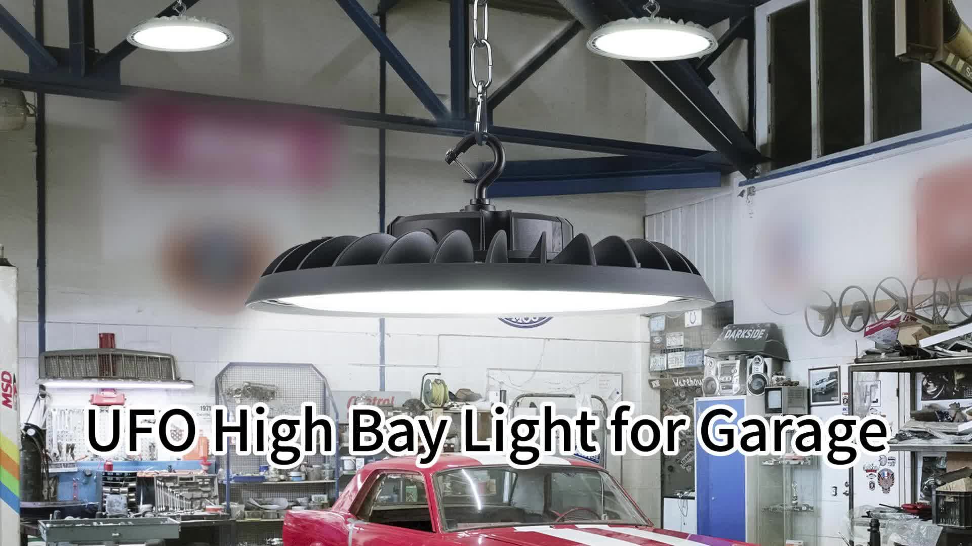 UFO LED high bay light 100W 5000K | 15000 LM garage light, with US-style hook, AC100-277V, ETL certified, IP65 waterproof, semi-flush mount installation, aluminum lampshade, MENCOLULU brand