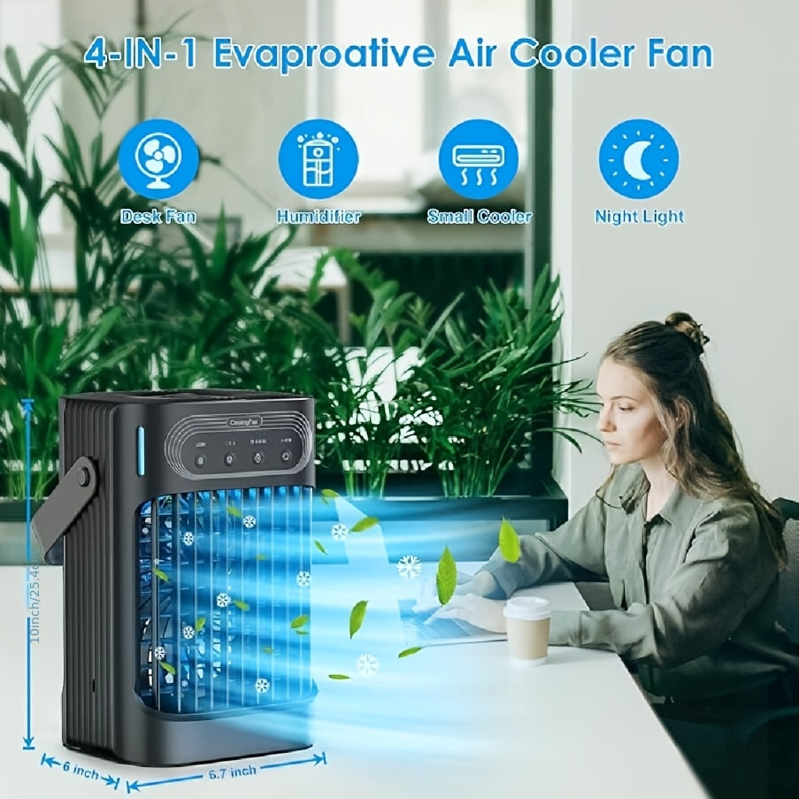 Upgraded 10W Portable Cooling Fan & Evaporative Air Cooler, 3-in-1 Function, 3 Wind Speeds, 7 LED Lights, 3 Cooling Mist Modes, 2–8 Hours Timer, Personal Mini Compact Air Conditioner