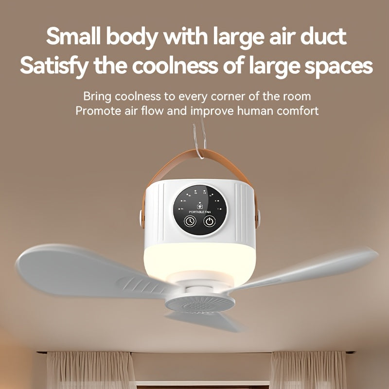 Camping Ceiling Fan, 3-Level Ambient Light, 4-Speed Timer & 4 Wind Speed Adjustment, Remote Control, USB Charging, Long Lasting Battery, Suitable for Camping, Home, Bedroom, Desk, Travel, Car, Dormitory, Workshop