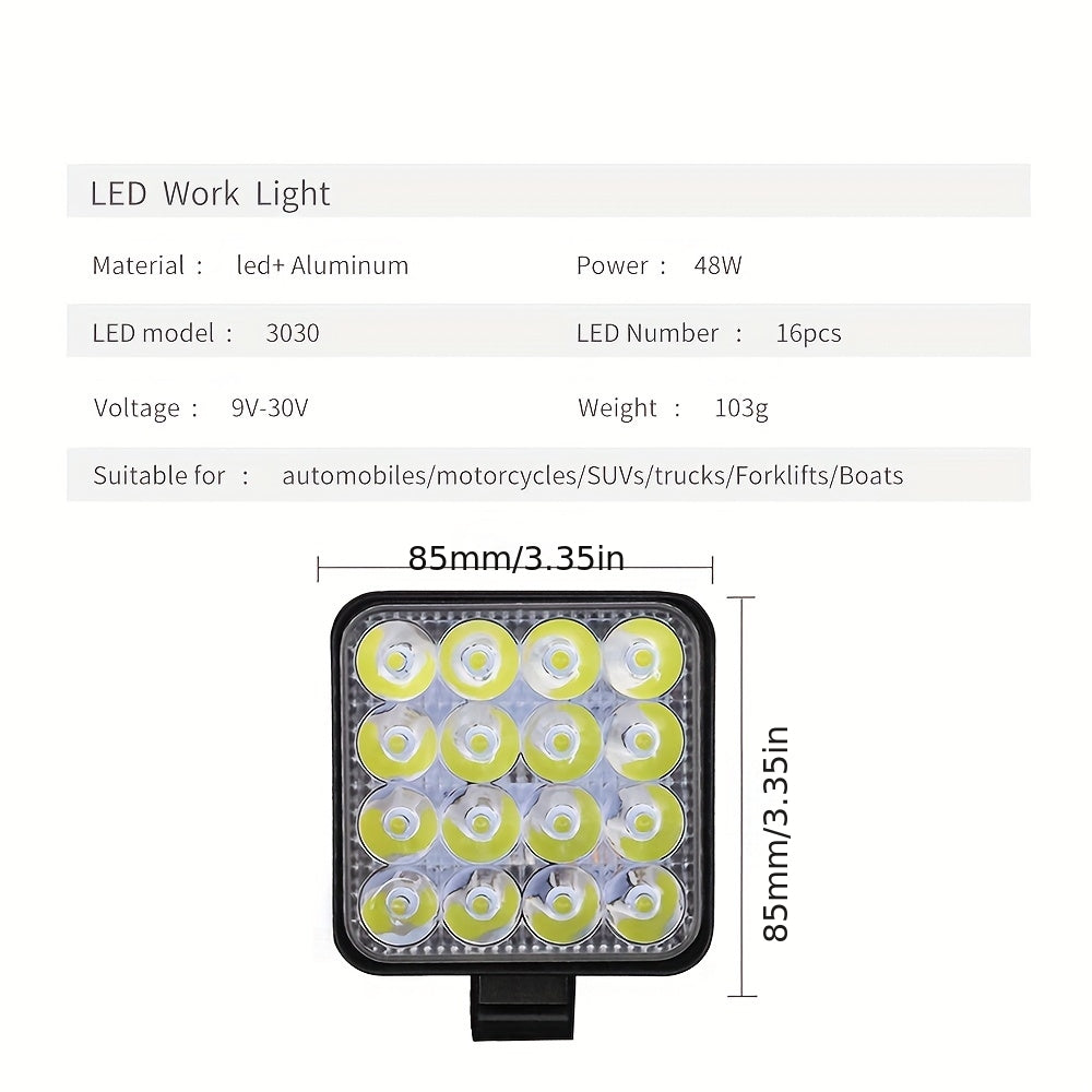 4-pack 3-inch mini square LED work light, off-road auxiliary light, modified headlight, flood/spot dual-purpose light, suitable for cars, trucks, SUVs, 48W, 9-30V