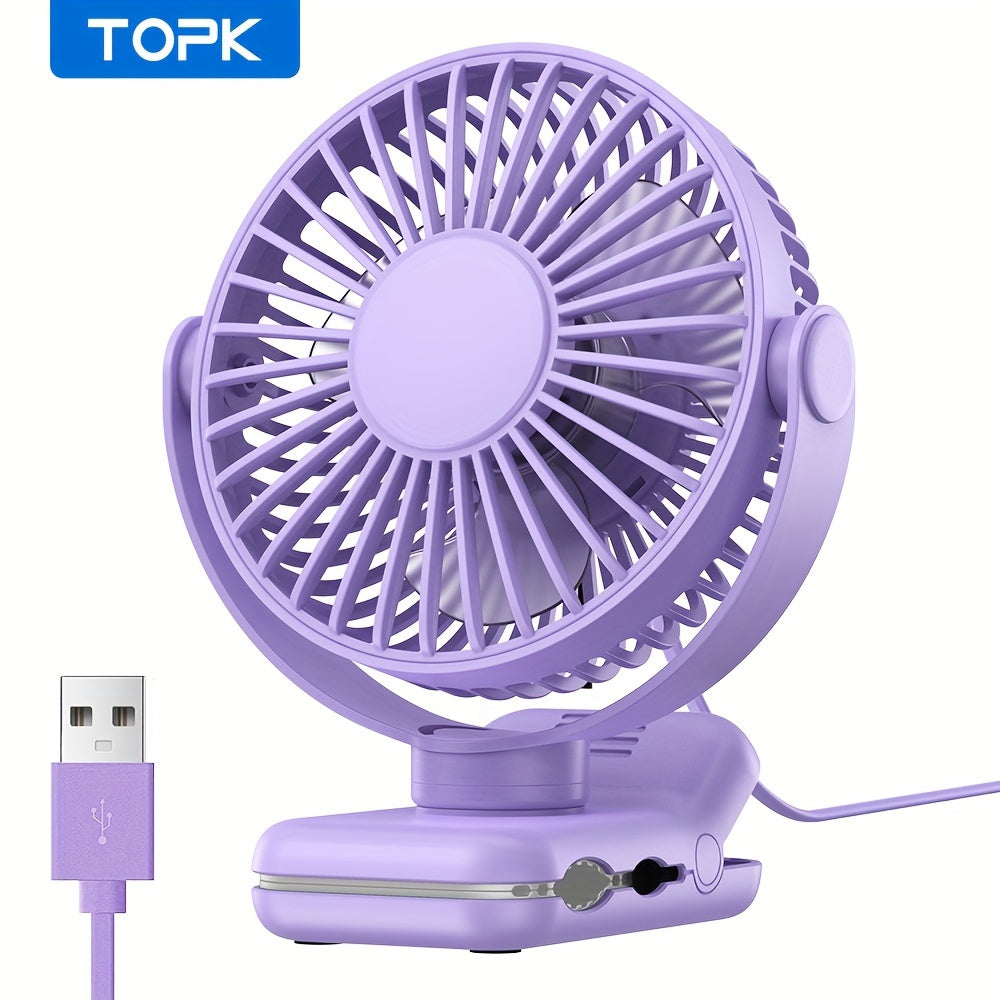 TOPK USB Clip On Desktop Fan, Brushless Motor Low Noise Strong Airflow, Firm Clamp Stable Mounting, Stylish Portable Mini Personal Cooling Fan for Bedroom Office/