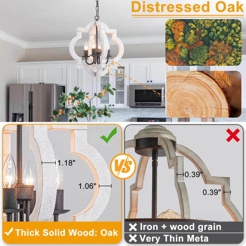 16" oak farmhouse pendant light | faux aged white wood chandelier, suitable for dining room, kitchen, living room, bedroom, entryway, foyer | semi-flush mount installation, polished metal lamp head, E12 bulb base, hardwired, MENCOLULU brand