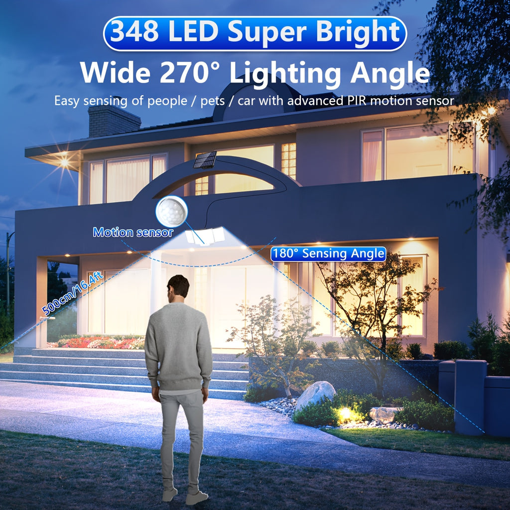 1/2 Pack Solar Outdoor Light, Motion Sensor Light with 348 LEDs, IP65 Waterproof, Wall Light with Remote Control, 3 Adjustable Heads, Street Light with 3 Lighting Modes, Porch and Garden Light, Security LED Floodlight