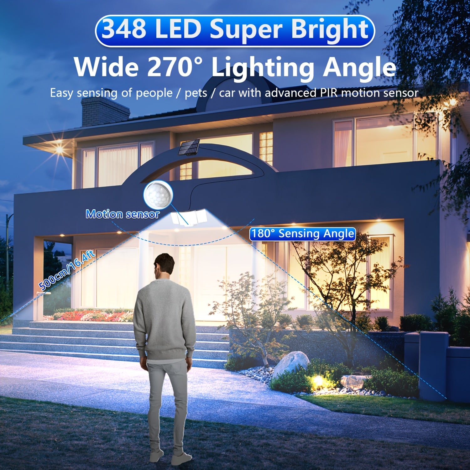1/2 Pack Solar Outdoor Light, Motion Sensor Light with 348 LEDs, IP65 Waterproof, Wall Light with Remote Control, 3 Adjustable Heads, Street Light with 3 Lighting Modes, Porch and Garden Light, Security LED Floodlight