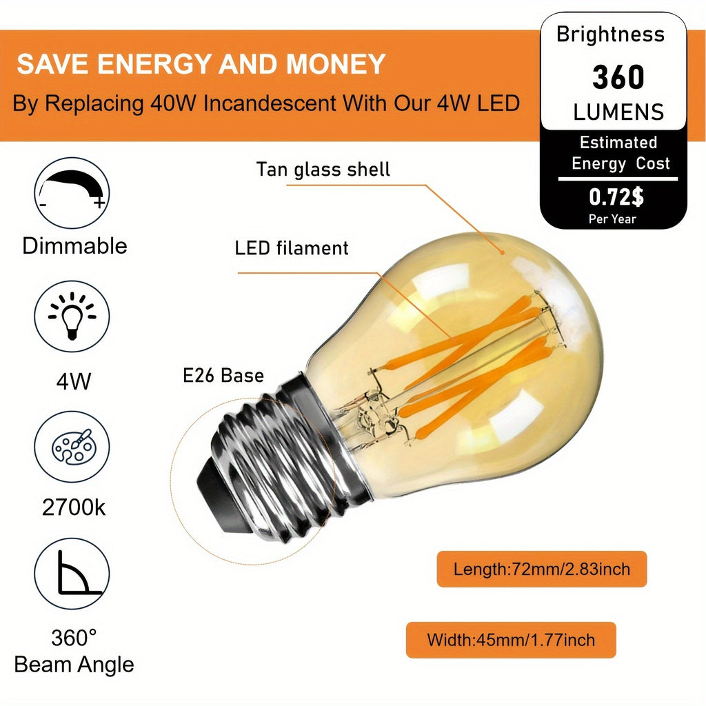 12-pack dimmable LED bulb, 4W E26 screw base, 2700K warm white light, 350-500 lumens, corded plug-in (120V) vintage Edison style globe bulb, suitable for ceiling fans, chandeliers, home lighting — flicker-free, energy-saving