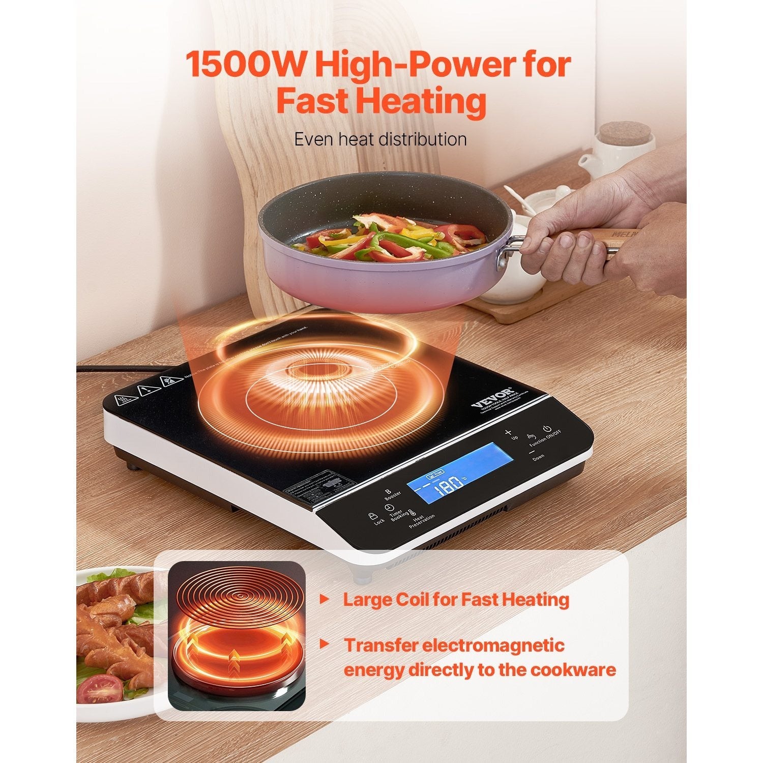 Portable Induction Cooktop 1500W/1800W Countertop Stove, 9-Level Temperature Control Hot Plate