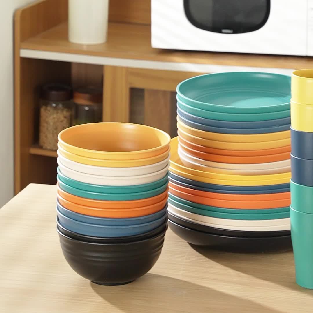 16/32Pcs Wheat Straw Plastic Tableware Set 4/8 Person Unbreakable Dinner Plate Dessert Plate Cereal Bowl Cup Outdoor Camping Family Birthday Party Tableware