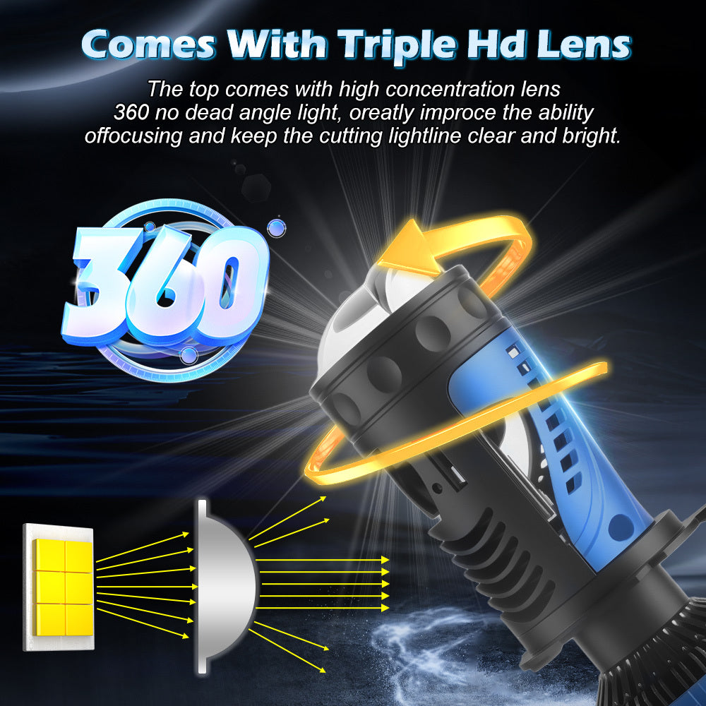 Super Bright White Headlight, 2-Piece Lens LED Headlight for Left-Hand Drive, Suitable for Cars and Motorcycles, H4 High/Low Beam 2-in-1 LED Chips, 6500K White Light 60000 Lumens 300W, Left-Hand Drive Plug-and-Play