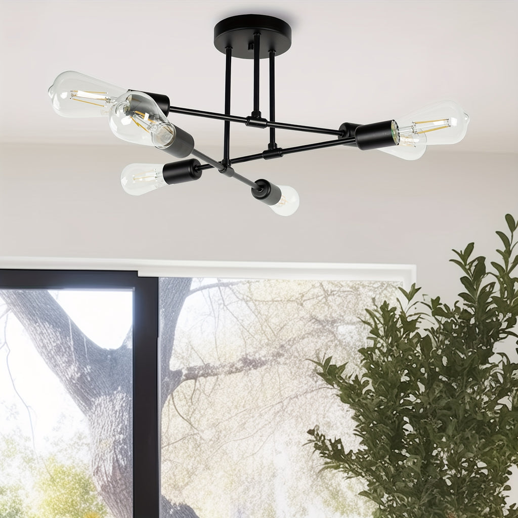 Modern 6-light semi-flush mount pendant light, black metal frame, elegant chandelier for living room, dining room, bedroom, E26 bulb socket, bulb not included