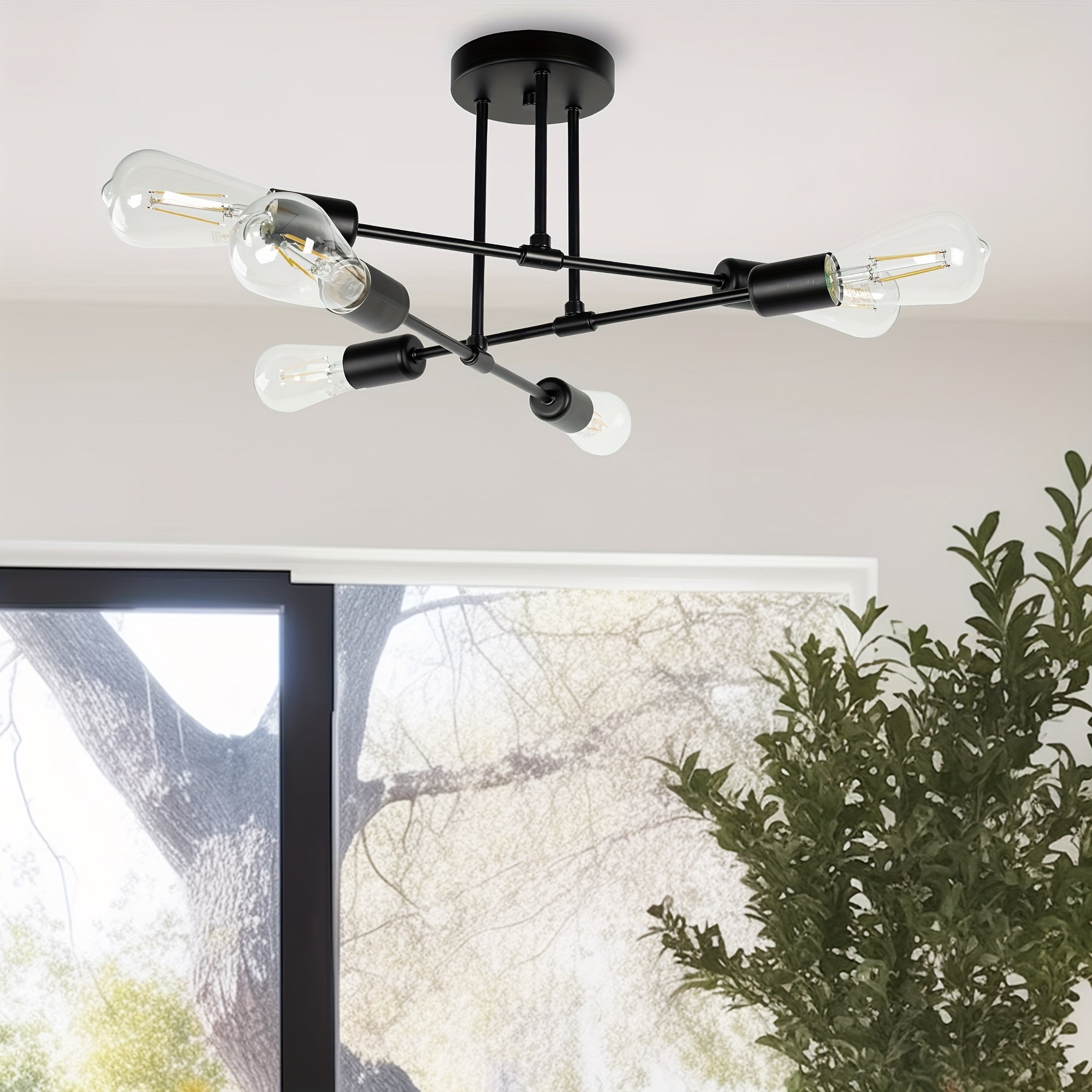 Modern 6-light semi-flush mount pendant light, black metal frame, elegant chandelier for living room, dining room, bedroom, E26 bulb socket, bulb not included