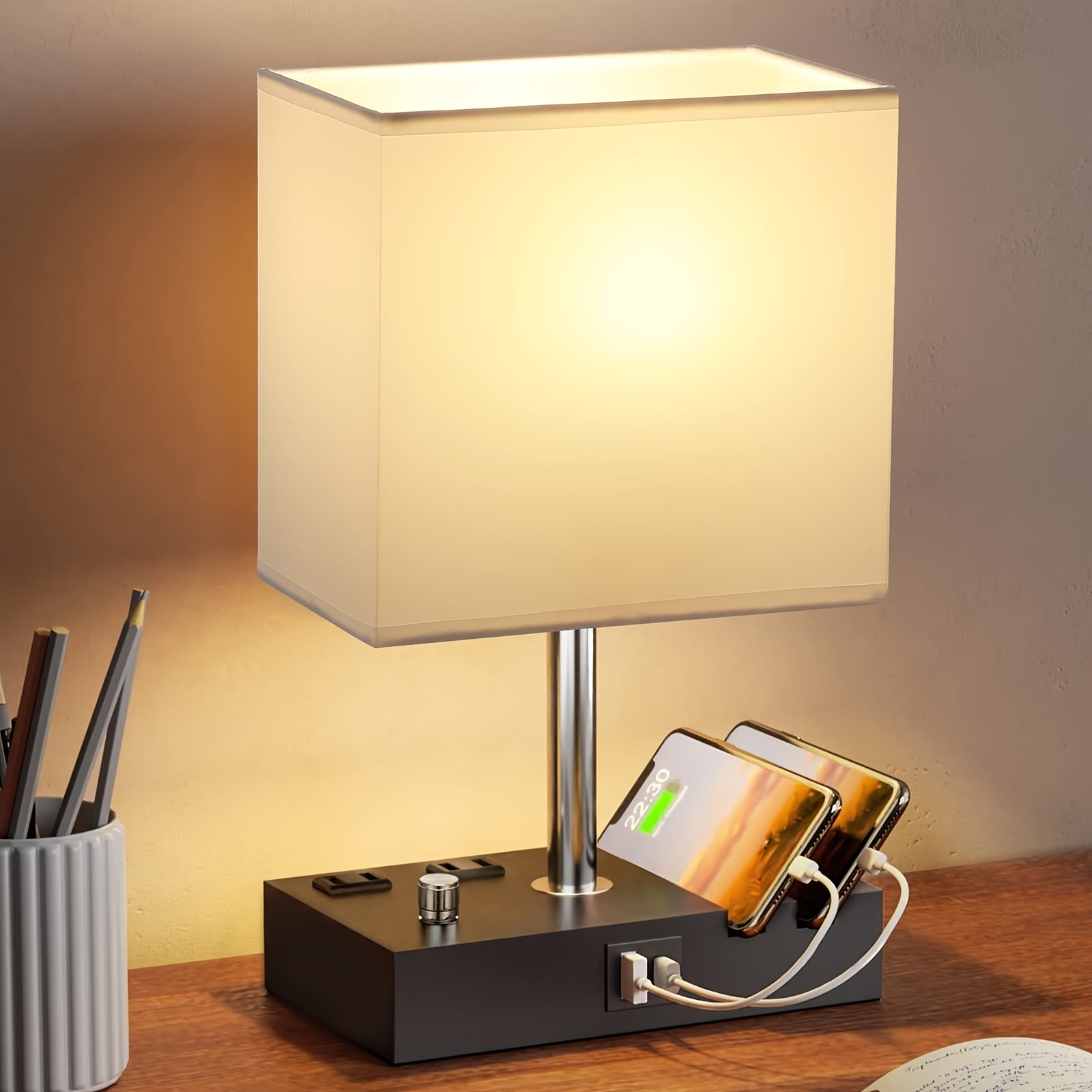 Bedroom table lamp, with dual USB ports, dimmable bedside lamp, with phone stand and 2 charging outlets, table lamp for nightstand and living room, LED bulb included