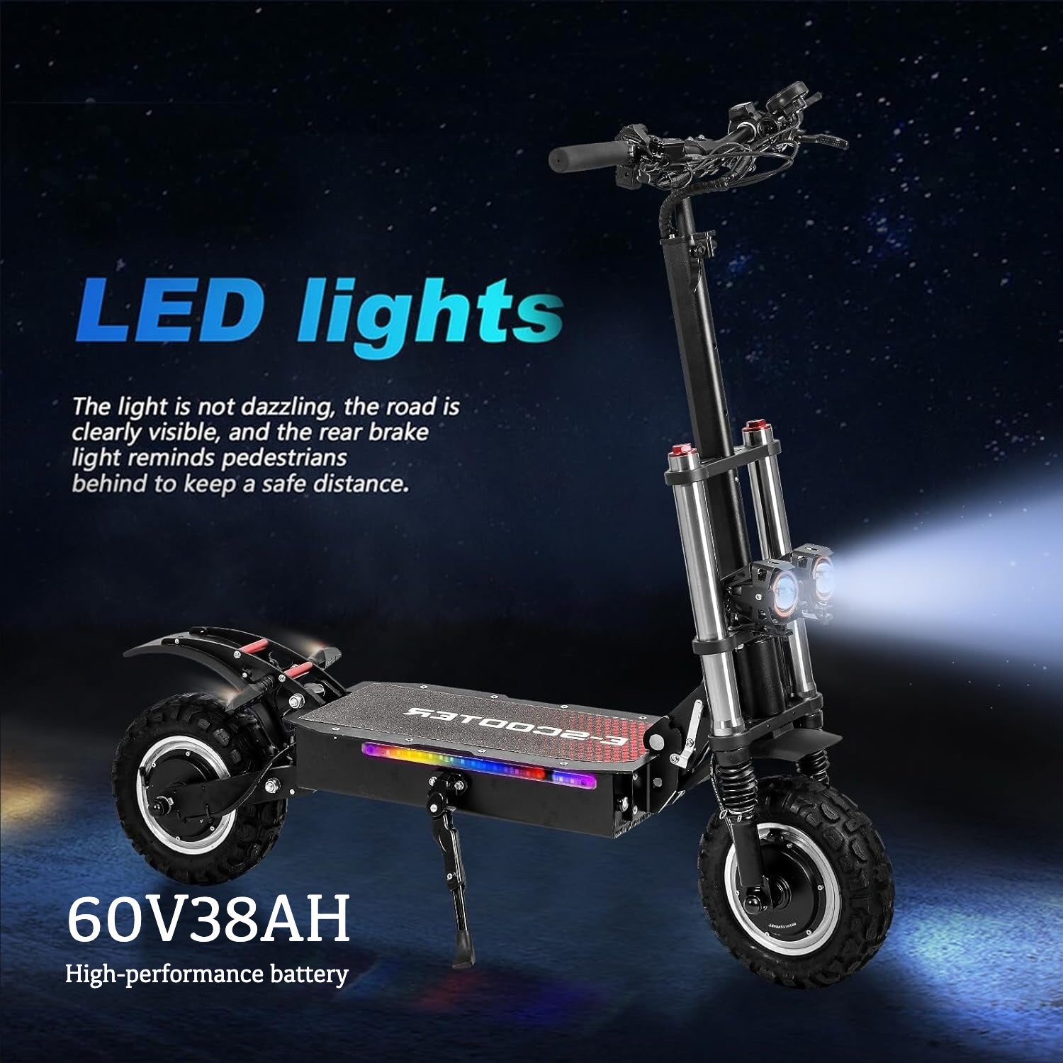 JUB 成人电动滑板车：60V 38Ah 电池，续航里程 62 英里，最大载重 440 磅，双电机系统 750W*8，XOD 制动系统，11 英寸越野轮胎，30° 爬坡能力，一键折叠带座椅 - 肩包。爱好者的理想选择
