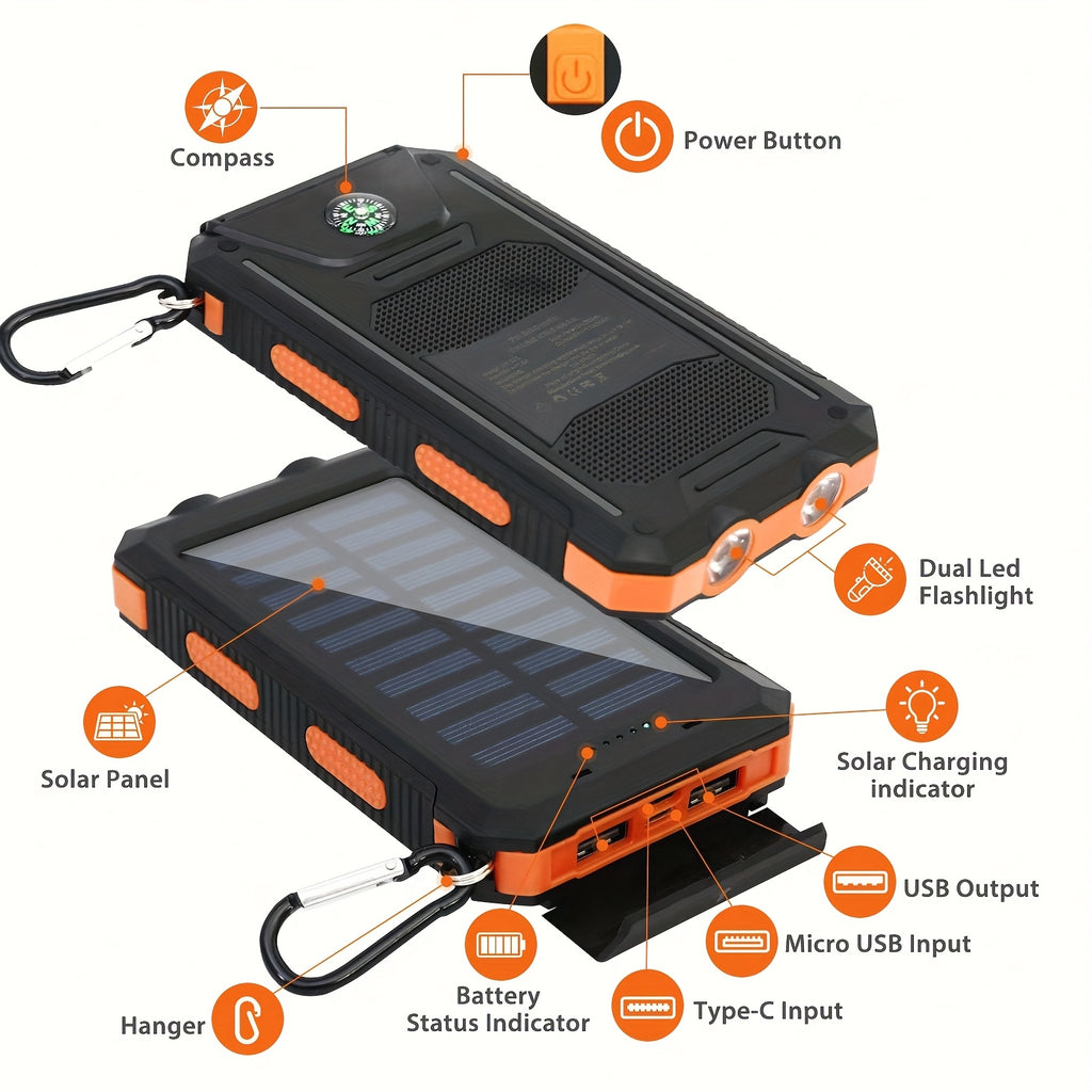 Portable Solar Mobile Phone Charger, Camping External Battery Charger for Mobile Phones, 2 USB/ LED Flashlights with Compass for Outdoor Activities, 19800/ 29800mAh Portable Solar Power Bank, the Best Gift for Festival