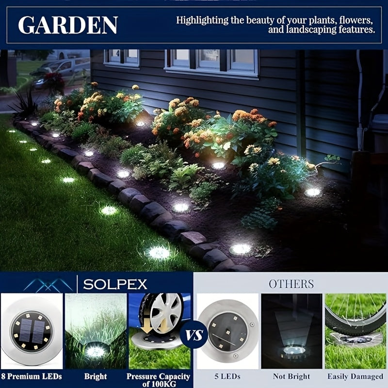 Solar Ground Spotlight Geometric Light, Stainless Steel Warm White Outdoor Landscape Light, 8LED Rotating Disc Light, Garden Viewing Light, Floor Lamp, Corridor Courtyard Patio Lawn Decorative Lighting, Solar Garden Light