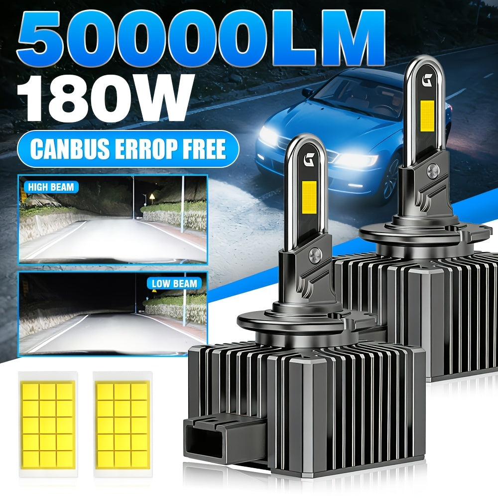 2-Pack Upgraded LED Headlight Bulb Kit, Compatible with D1S, D2S, D3S, D4S and D8S, 6000K White Light, 360° All-Around Heat Dissipation, 180W High Power, Super Bright CSP Chip Technology, Easy to Install, Battery Not Included