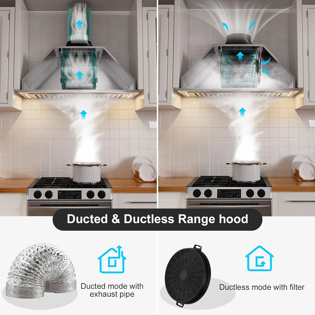 Built-In Range Hood with Voice/Gesture/Touch Control, 900 CFM Airflow, 4-Speed Exhaust Fan, Memory Mode, Adjustable Lighting, Convertible Ducted/Ductless Installation