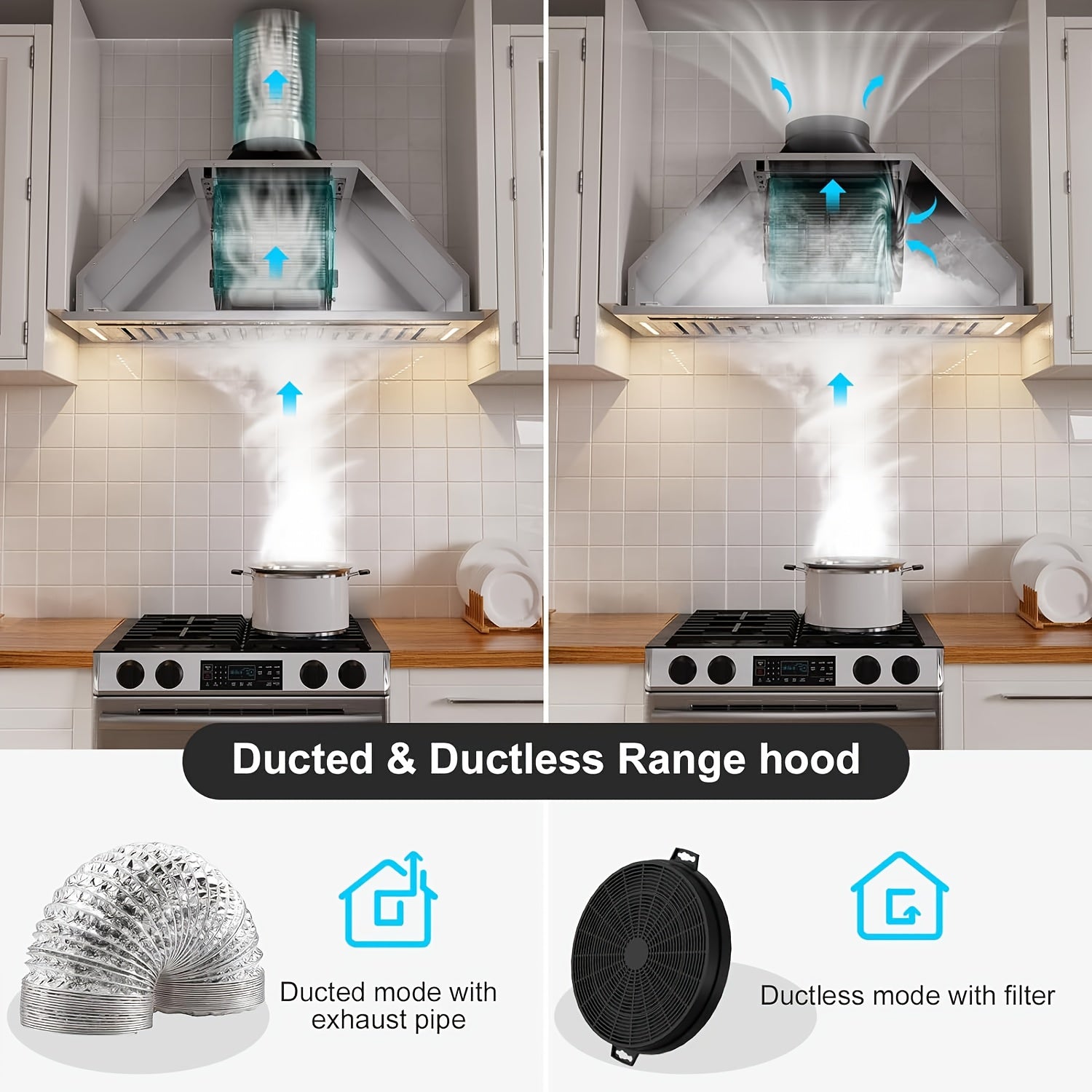 Built-In Range Hood with Voice/Gesture/Touch Control, 900 CFM Airflow, 4-Speed Exhaust Fan, Memory Mode, Adjustable Lighting, Convertible Ducted/Ductless Installation