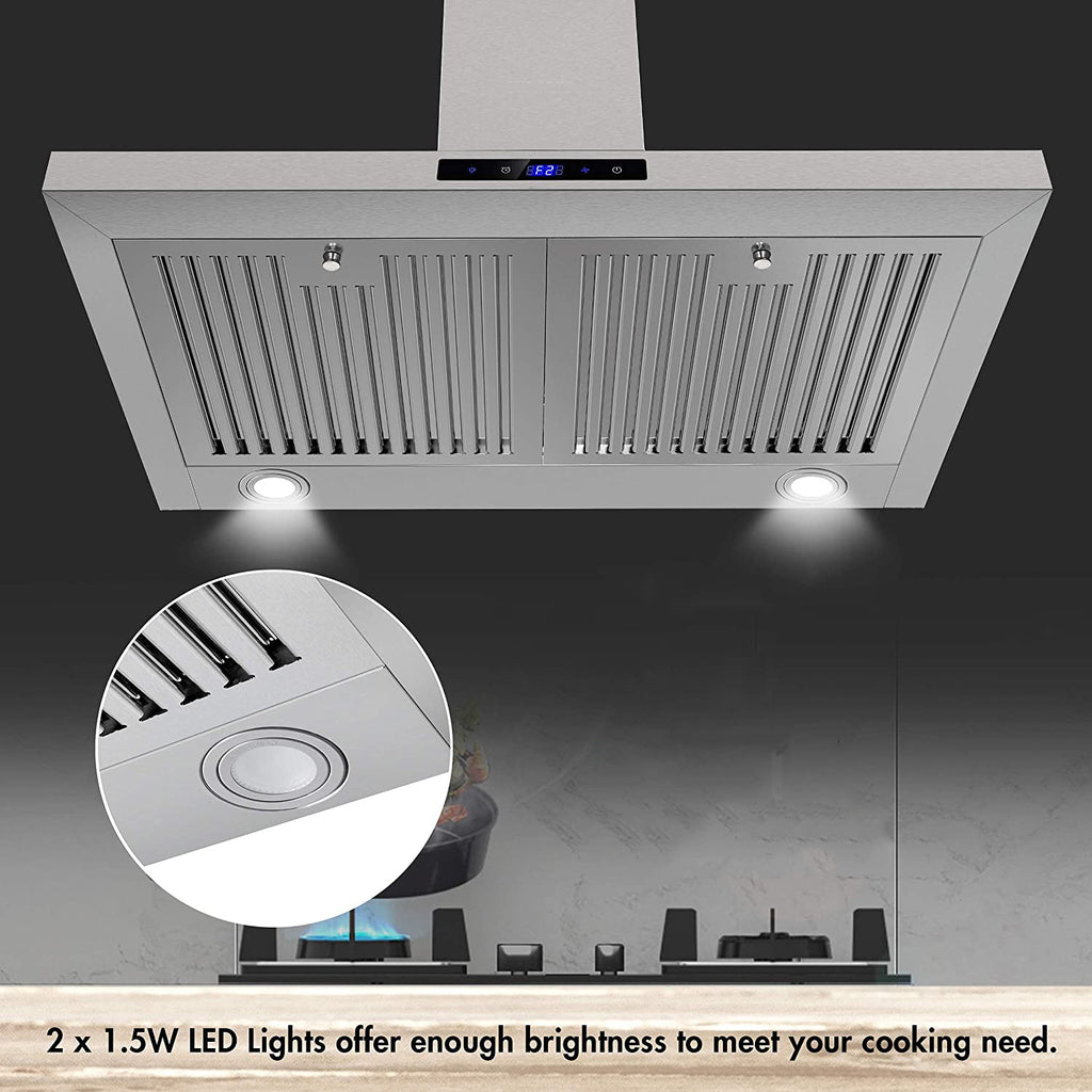 30-Inch Wall-Mounted Range Hood, 450 CFM Ventilation, Touch Control, Stainless Steel Design, LED Lighting, 3-Speed Fan, Available in Black and Silver