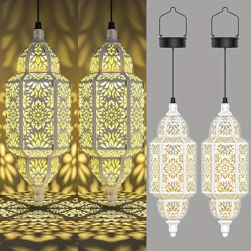 2-Piece Outdoor Solar Lantern, Colorful Moroccan Style Design, IP54 Waterproof Rating and Carved Patterns, Perfect for Decorating Garden, Patio, Walkway, or Halloween.